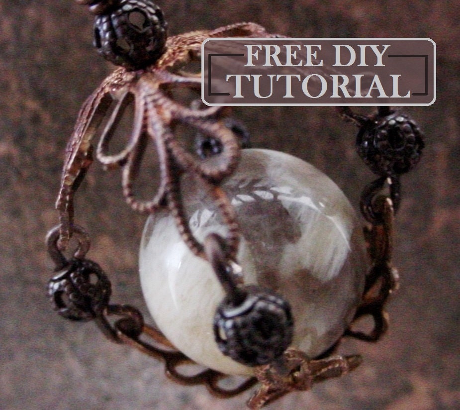 DIY Free Tutorial How To Make: Filigree Cage 14 16 18 20 22  mm Round Gemstone Sphere Bead Cap Holder Pendant Necklace Jewelry Vintage Brass __etsy:905549525