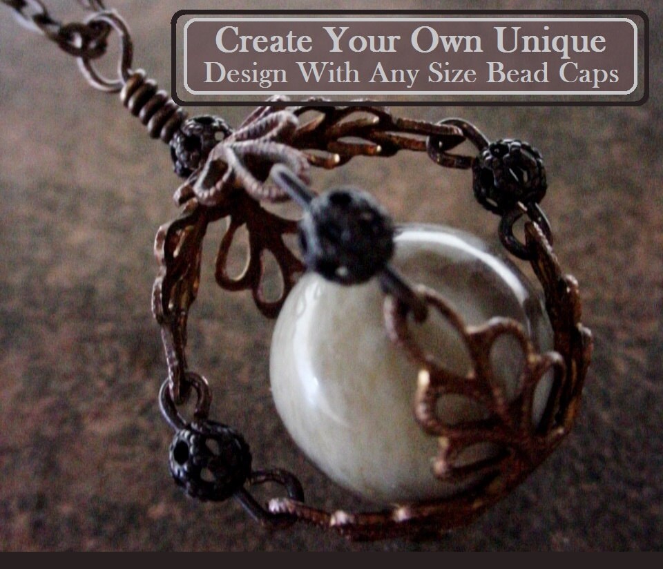 DIY Free Tutorial How To Make: Filigree Cage 14 16 18 20 22  mm Round Gemstone Sphere Bead Cap Holder Pendant Necklace Jewelry Vintage Brass __etsy:905555071