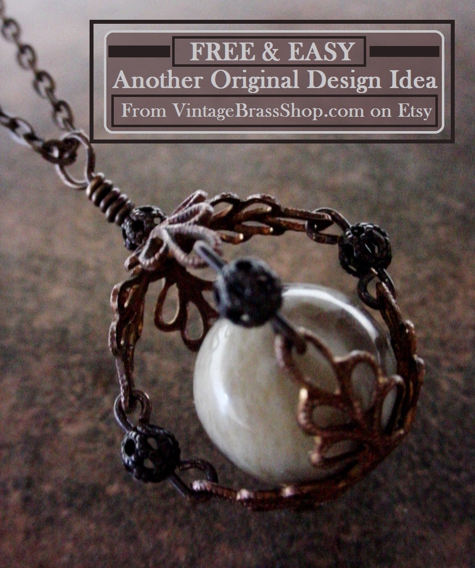 DIY Free Tutorial How To Make: Filigree Cage 14 16 18 20 22  mm Round Gemstone Sphere Bead Cap Holder Pendant Necklace Jewelry Vintage Brass __etsy:905810062