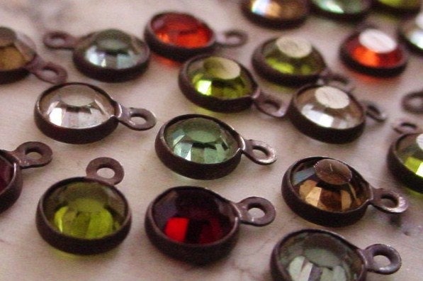 LOT Tiny 4mm Swarovski Crystal Channel Vintage Mini Drop Earring Charm 17ss Round 1 Ring Loop Hand Oxidized Dark Bronze Brown Black Brass 4K __etsy:459904334
