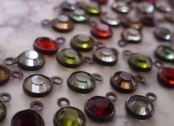 LOT Tiny 4mm Swarovski Crystal Channel Vintage Mini Drop Earring Charm 17ss Round 1 Ring Loop Hand Oxidized Dark Bronze Brown Black Brass 4K __etsy:457783179