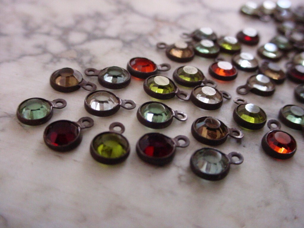 LOT Tiny 4mm Swarovski Crystal Channel Vintage Mini Drop Earring Charm 17ss Round 1 Ring Loop Hand Oxidized Dark Bronze Brown Black Brass 4K __etsy:457774862
