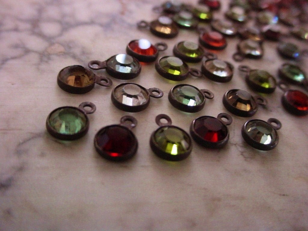 LOT Tiny 4mm Swarovski Crystal Channel Vintage Mini Drop Earring Charm 17ss Round 1 Ring Loop Hand Oxidized Dark Bronze Brown Black Brass 4K __etsy:457774758