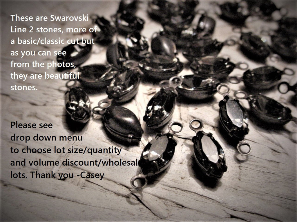 Lot Noir Vintage Black Diamond Swarovski Crystal 1 2 Ring Loop Rhinestone Beads 10/5 mm Navette Marquise Dark Gothic Brass Connectors 11b __etsy:1820448030