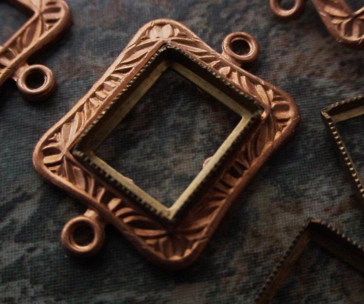Lot Old Vintage Brass 10X8 mm Art Deco Setting Rectangle Frame Connector Bare Raw Copper Patina 10/8 mm Bezel Die Struck Jewelry Finding 1A __etsy:461519941