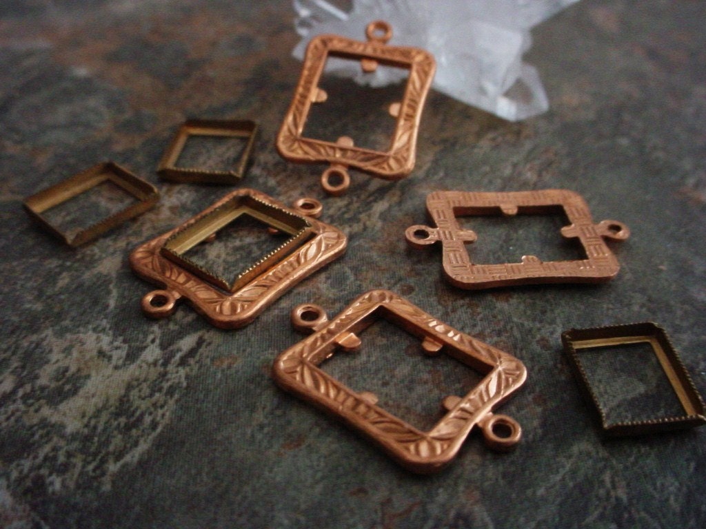Lot Old Vintage Brass 10X8 mm Art Deco Setting Rectangle Frame Connector Bare Raw Copper Patina 10/8 mm Bezel Die Struck Jewelry Finding 1A __etsy:459768367
