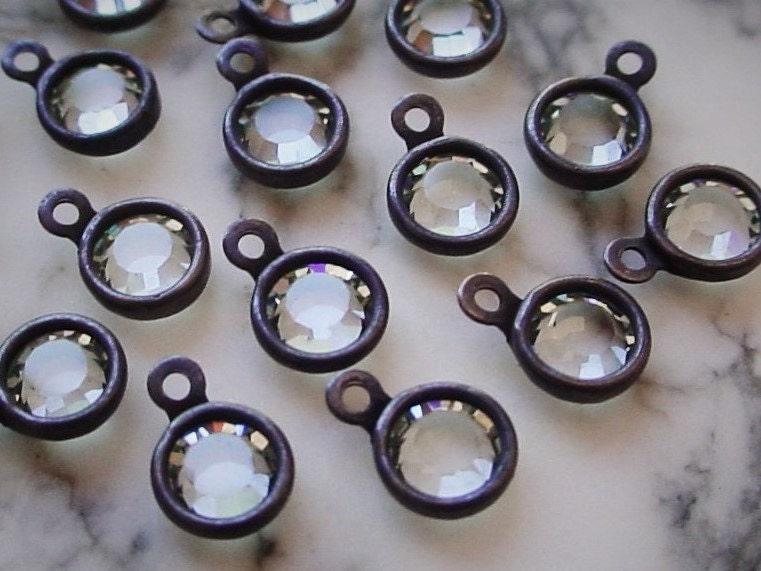 Lot Tiny 4mm Swarovski Crystal Clear Channel Vintage Mini Drops Charm 17ss Round 1 2 Ring Loop Setting Oxidized Brass Noir Black Patina 9B __etsy:1009864747
