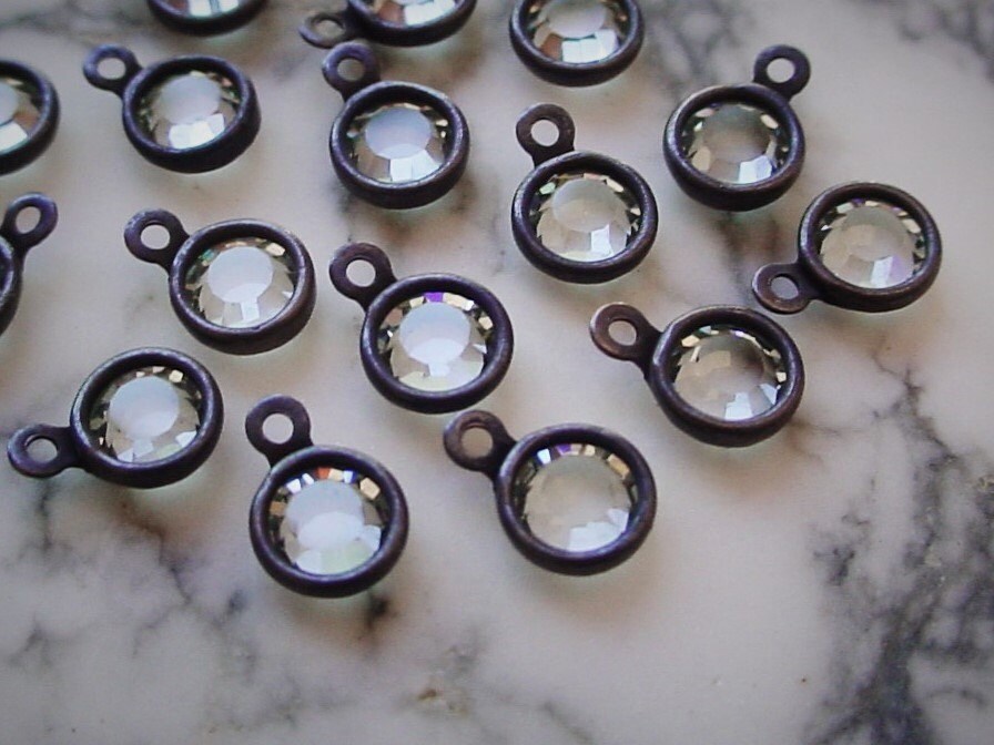 Lot Tiny 4mm Swarovski Crystal Clear Channel Vintage Mini Drops Charm 17ss Round 1 2 Ring Loop Setting Oxidized Brass Noir Black Patina 9B __etsy:963319512