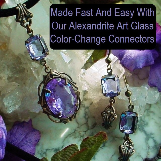 Lot Vintage Alexandrite 10X8 mm Octagon Faceted Art Glass Stone Lavender Blue + 10/8 mm Oxidized Dark Patina Brass Connector Setting Set 9JK __etsy:866530805