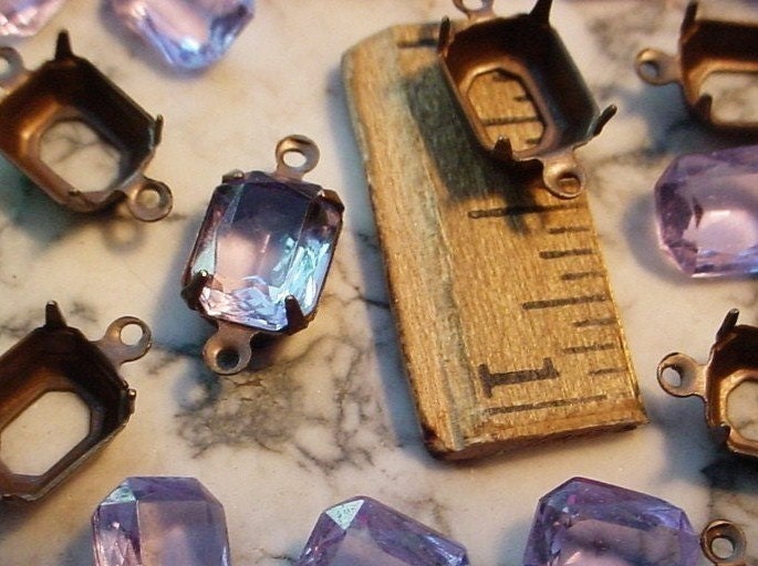 Lot Vintage Alexandrite 10X8 mm Octagon Faceted Art Glass Stone Lavender Blue + 10/8 mm Oxidized Dark Patina Brass Connector Setting Set 9JK __etsy:460087996