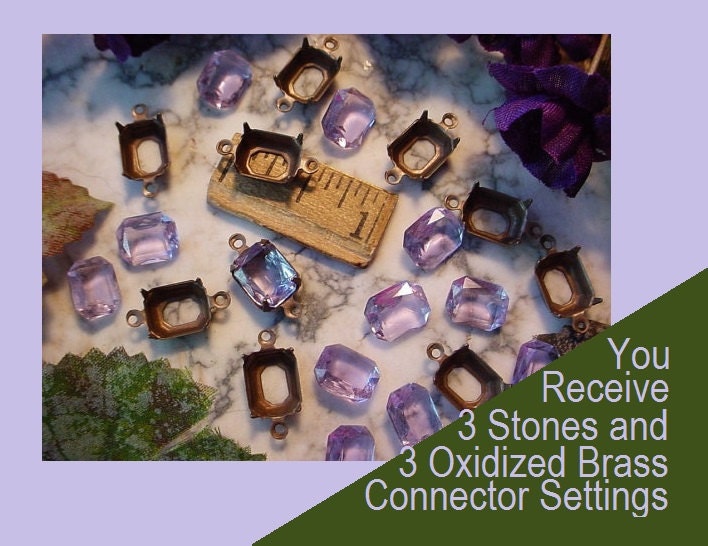 Lot Vintage Alexandrite 10X8 mm Octagon Faceted Art Glass Stone Lavender Blue + 10/8 mm Oxidized Dark Patina Brass Connector Setting Set 9JK __etsy:866675086