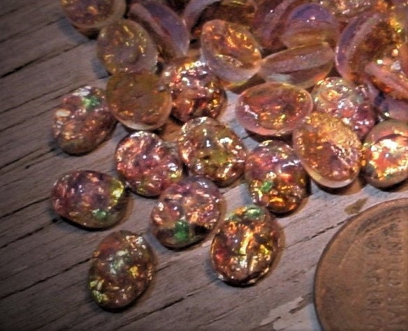 Old 8X6 Oval Japan Fire Opal Bulk Lot Very Vintage Art Glass Faux Gem Stone Harlequin Cabochon Unfoiled 8/6 mm Flat Back Pink Green Amber 4Q __etsy:1599426493