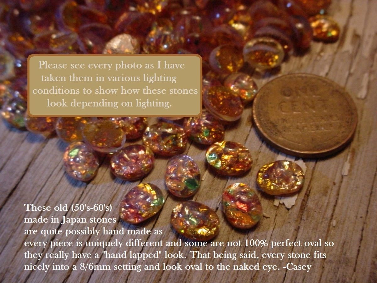 Old 8X6 Oval Japan Fire Opal Bulk Lot Very Vintage Art Glass Faux Gem Stone Harlequin Cabochon Unfoiled 8/6 mm Flat Back Pink Green Amber 4Q __etsy:1597463095