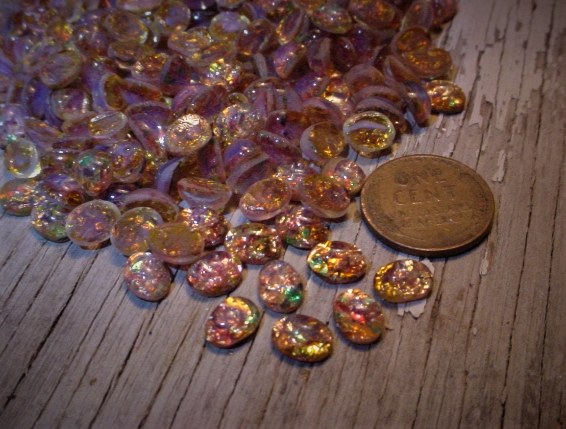 Old 8X6 Oval Japan Fire Opal Bulk Lot Very Vintage Art Glass Faux Gem Stone Harlequin Cabochon Unfoiled 8/6 mm Flat Back Pink Green Amber 4Q __etsy:1597396029