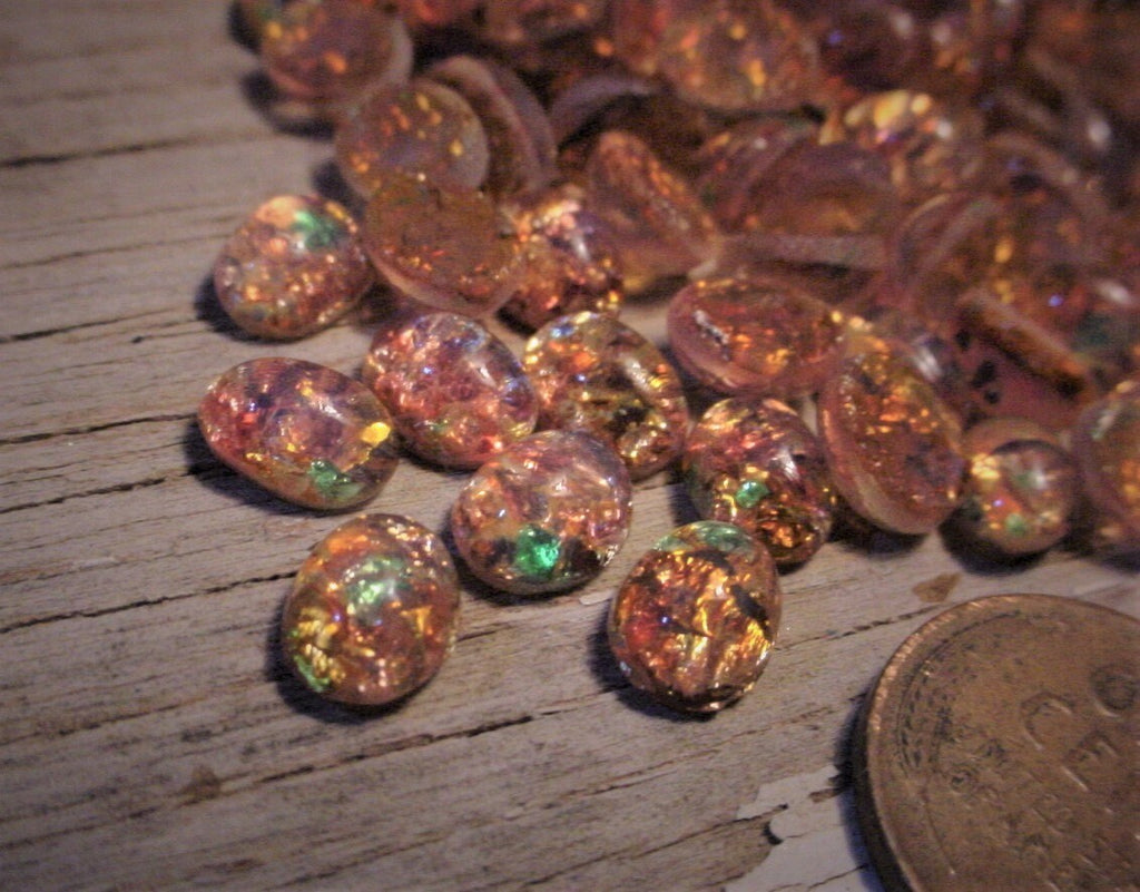 Old 8X6 Oval Japan Fire Opal Bulk Lot Very Vintage Art Glass Faux Gem Stone Harlequin Cabochon Unfoiled 8/6 mm Flat Back Pink Green Amber 4Q __etsy:1597423169