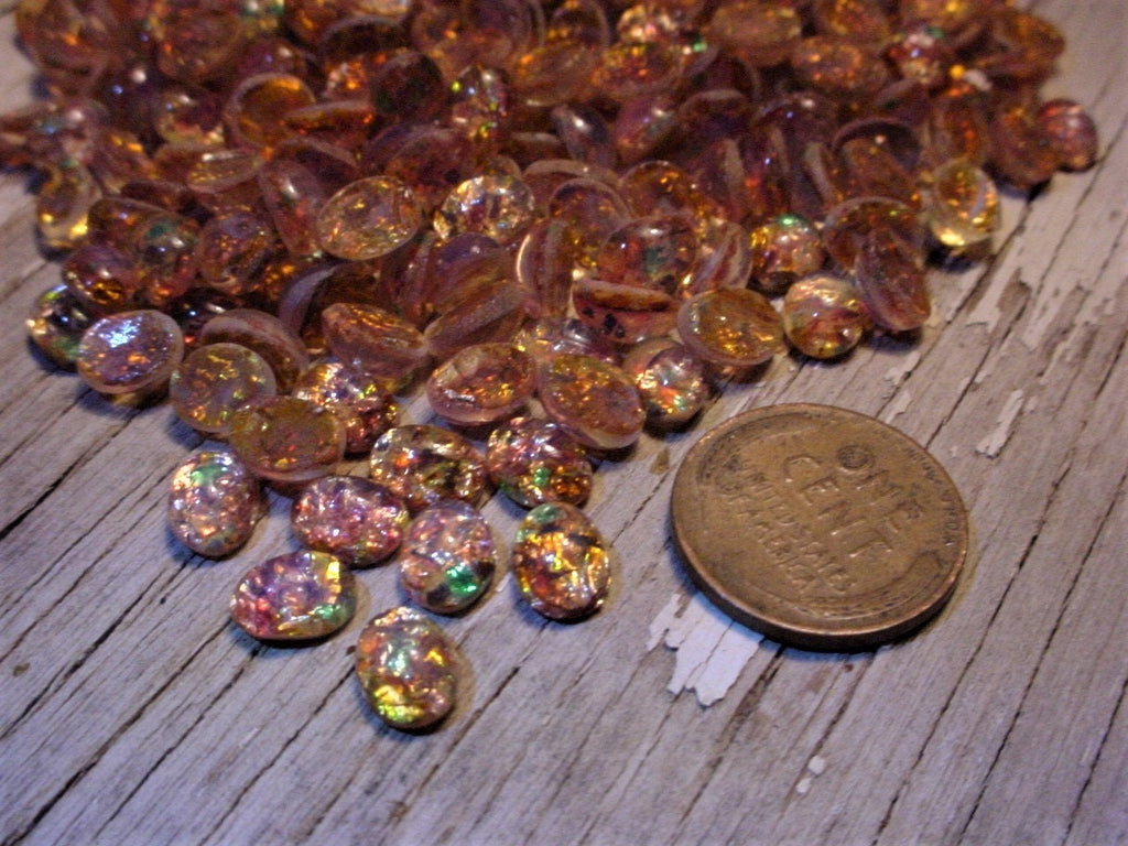 Old 8X6 Oval Japan Fire Opal Bulk Lot Very Vintage Art Glass Faux Gem Stone Harlequin Cabochon Unfoiled 8/6 mm Flat Back Pink Green Amber 4Q __etsy:1597379585