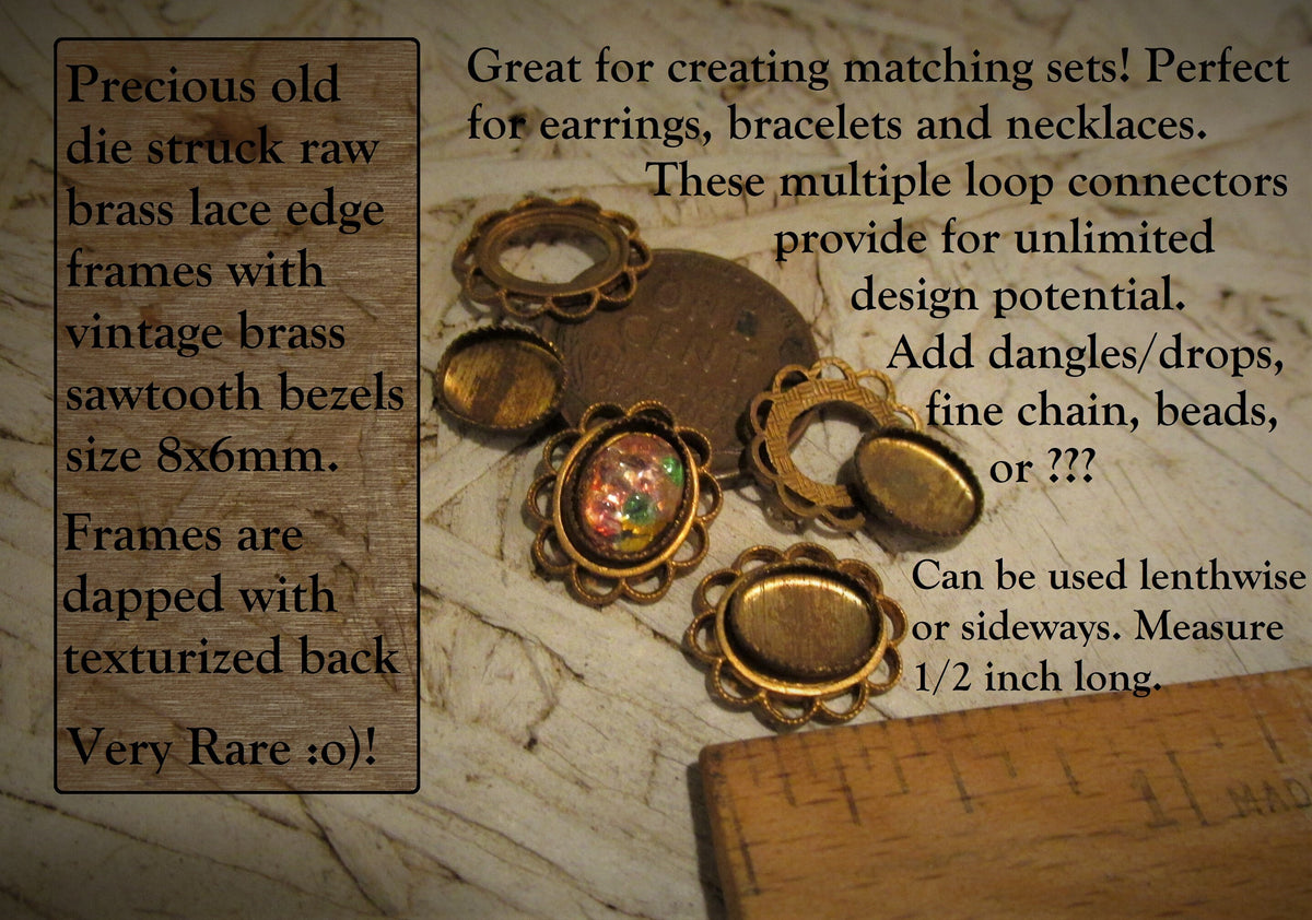 SALE Rare Old Very Vintage 10x8 mm Die Struck Brass Filigree Lace Open Work Connector Flat Back Stone Settings Sawtooth Bezels Aged N1 __etsy:2959470895