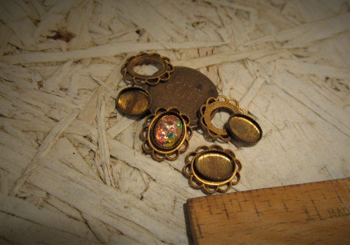 SALE Rare Old Very Vintage 10x8 mm Die Struck Brass Filigree Lace Open Work Connector Flat Back Stone Settings Sawtooth Bezels Aged N1 __etsy:2959460129