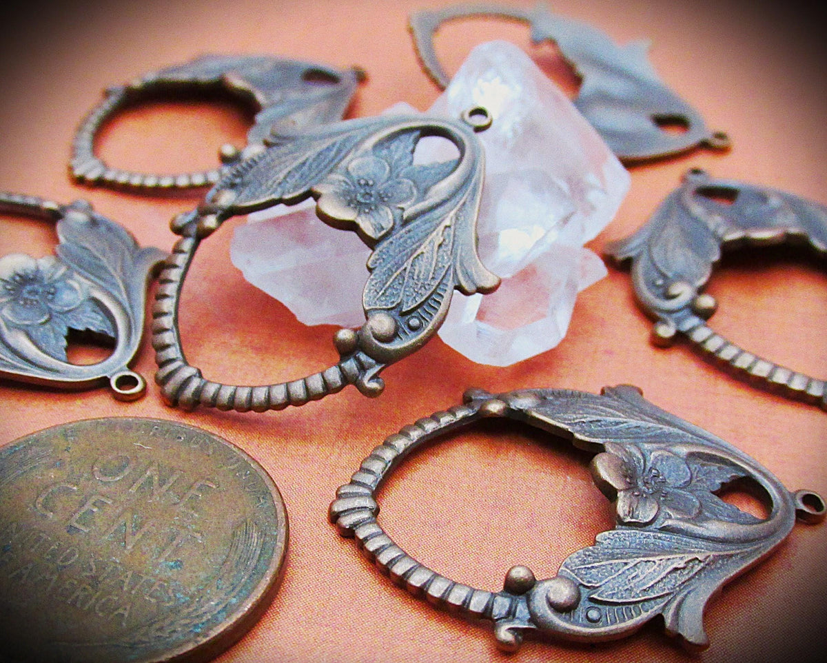 Vintage Brass Filigree Art Nouveau Earring Pendant Connectors Hand Aged Antique Bronze Dapped Leaves Floral Bead Drop Charm Holder 1Q __etsy:6695824793