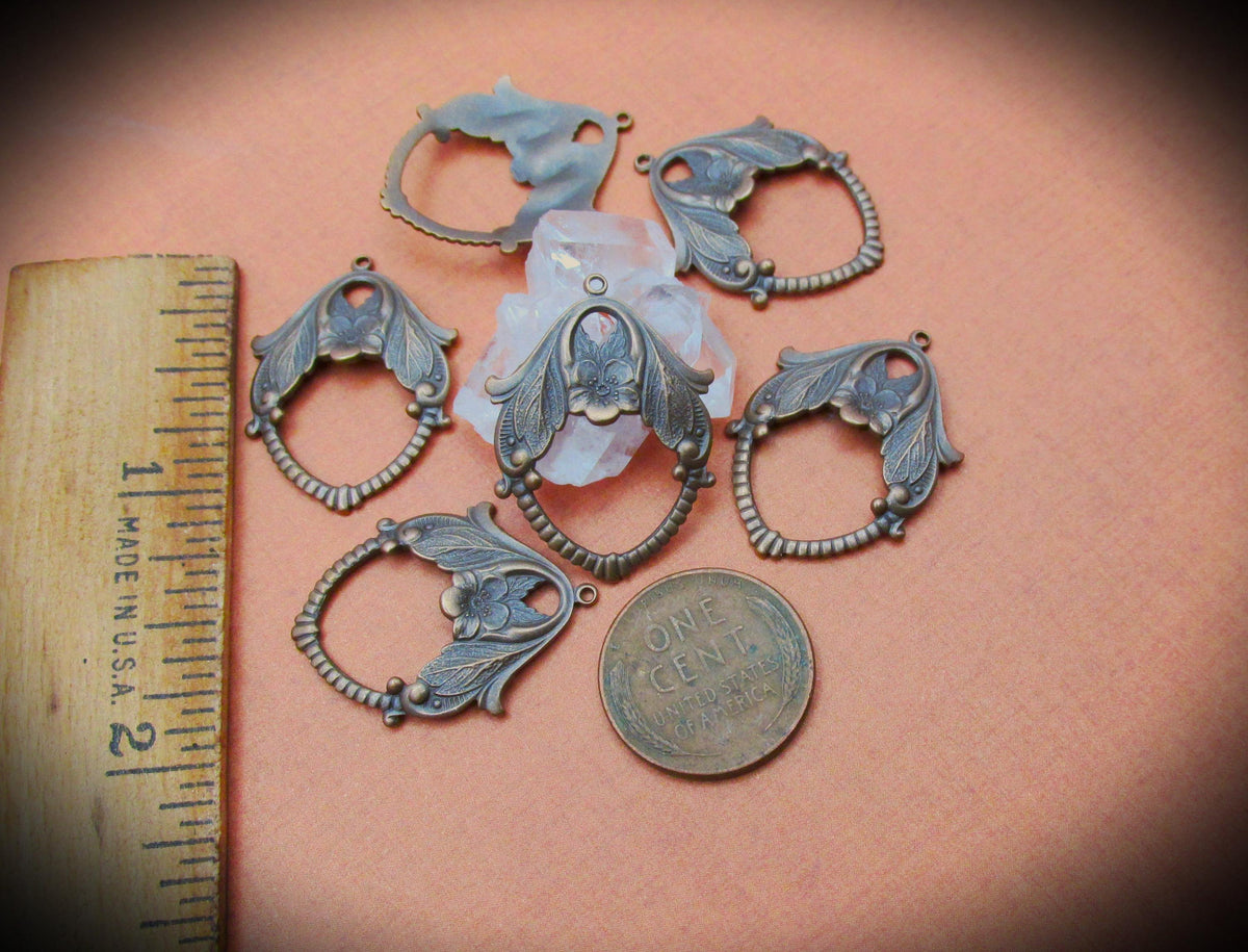 Vintage Brass Filigree Art Nouveau Earring Pendant Connectors Hand Aged Antique Bronze Dapped Leaves Floral Bead Drop Charm Holder 1Q __etsy:6647736784