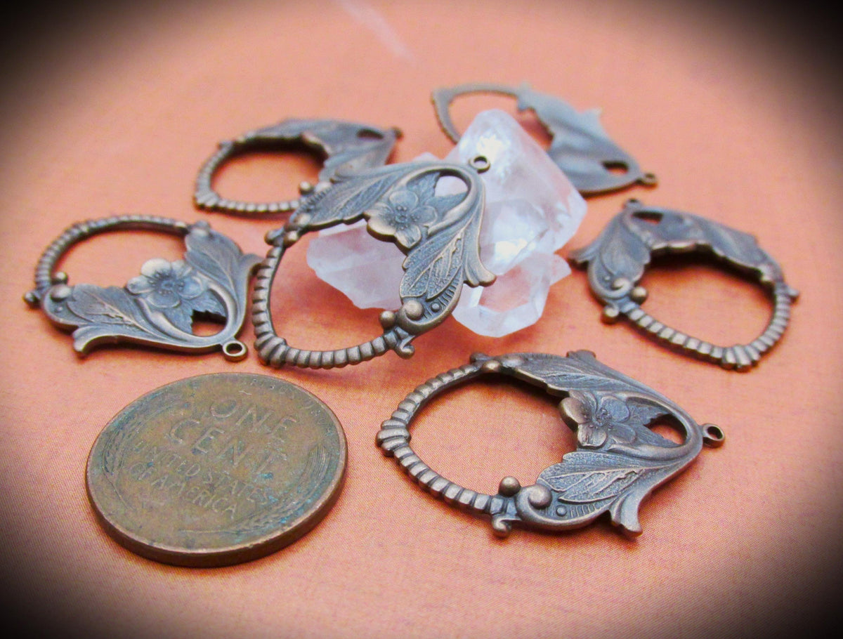 Vintage Brass Filigree Art Nouveau Earring Pendant Connectors Hand Aged Antique Bronze Dapped Leaves Floral Bead Drop Charm Holder 1Q __etsy:6695731101