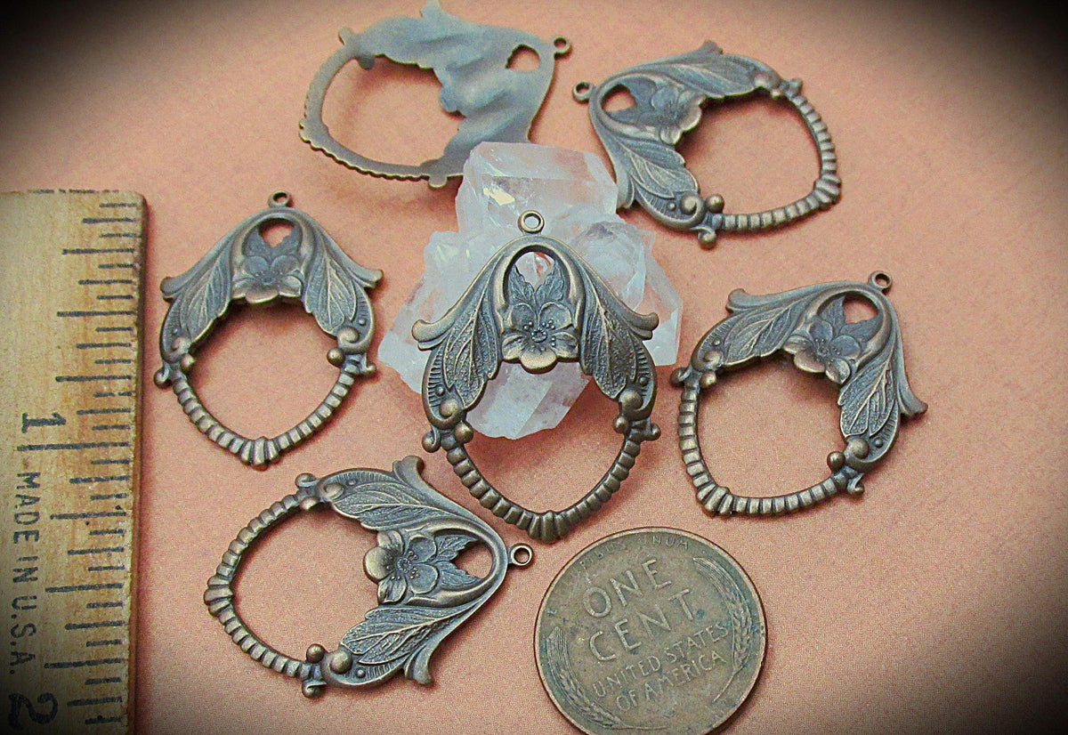 Vintage Brass Filigree Art Nouveau Earring Pendant Connectors Hand Aged Antique Bronze Dapped Leaves Floral Bead Drop Charm Holder 1Q __etsy:6695727703