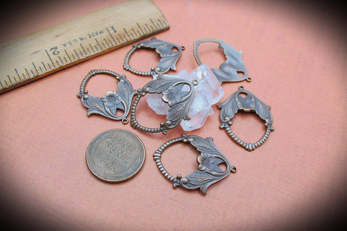 Vintage Brass Filigree Art Nouveau Earring Pendant Connectors Hand Aged Antique Bronze Dapped Leaves Floral Bead Drop Charm Holder 1Q __etsy:6647774098