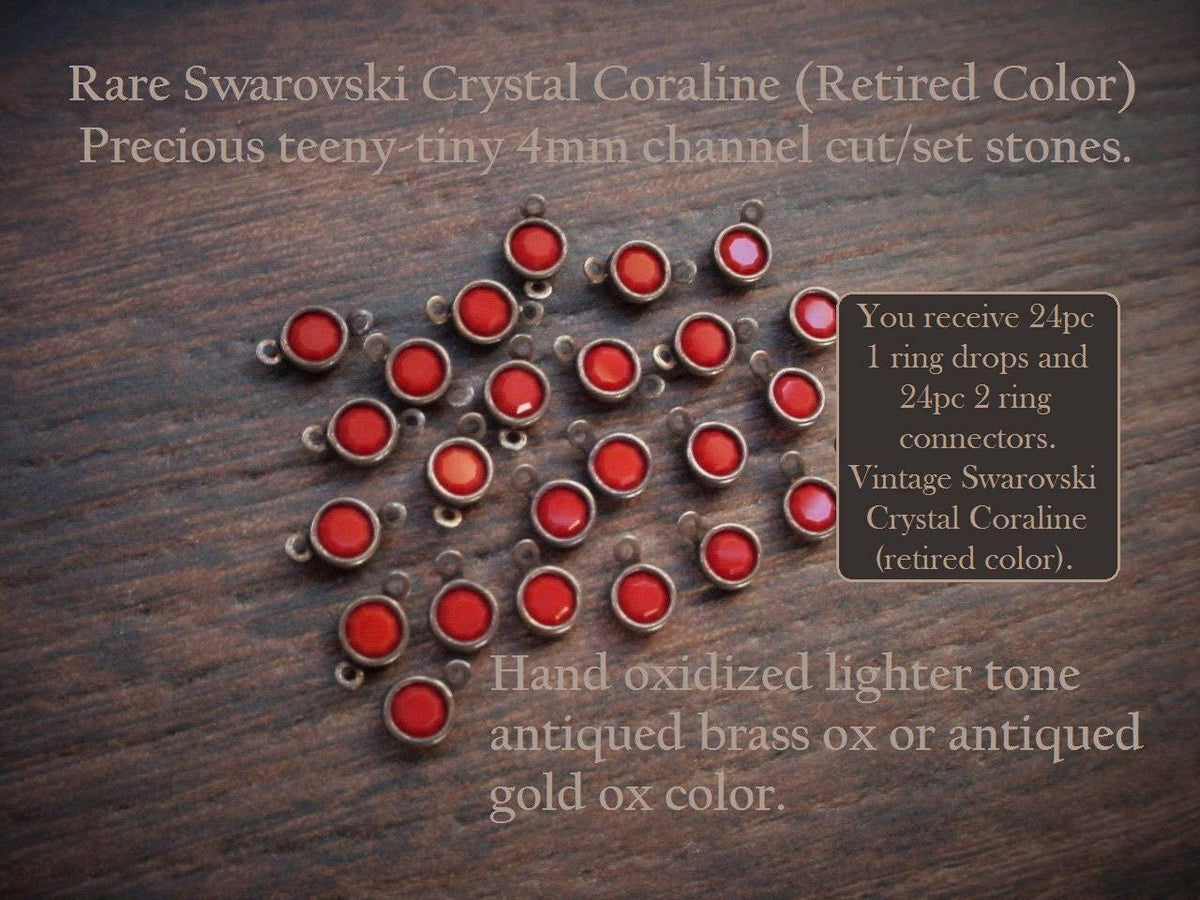 Wholesale Lot Tiny 4mm Swarovski Crystal Coral Coraline Vintage Mini Drop Beads Charms Connector 17ss Round 1 2 Loop Set Aged Brass Bulk 12N __etsy:1344748977