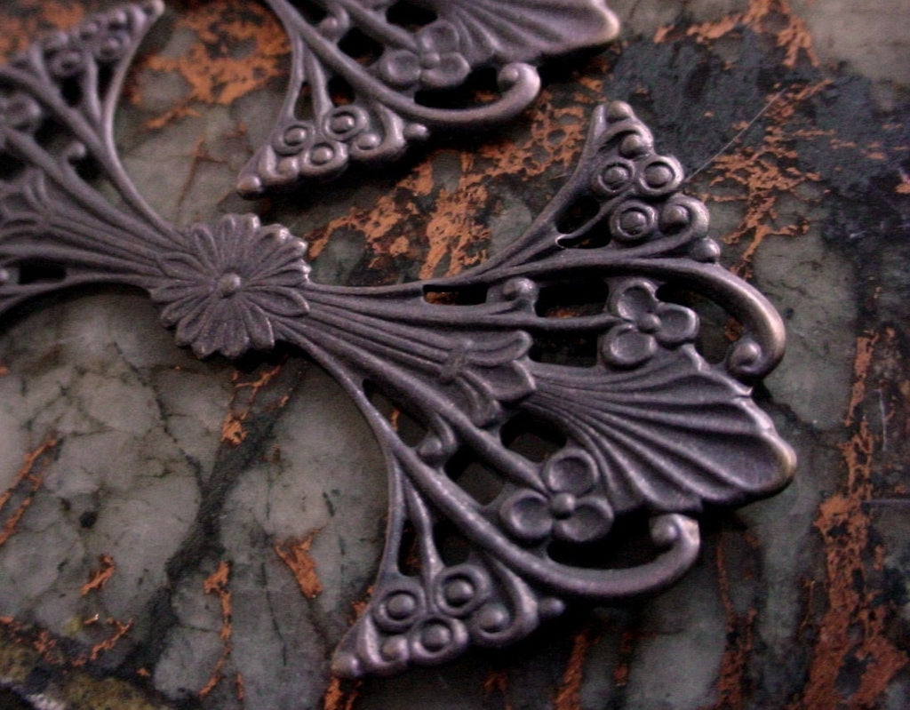 1pc Art Nouveau Bow Shape Filigrees Victorian Vintage Open Work Design Stone Wrap Jewelry Findings Setting Hand Aged Brass Black Bronze 6A __etsy:797352946