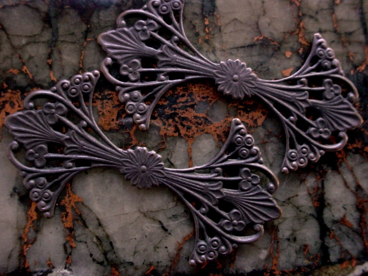 2pc Art Nouveau Bow Shape Filigrees Victorian Vintage Open Work Design Stone Wrap Jewelry Findings Setting Hand Aged Brass Black Bronze 6A __etsy:797117451