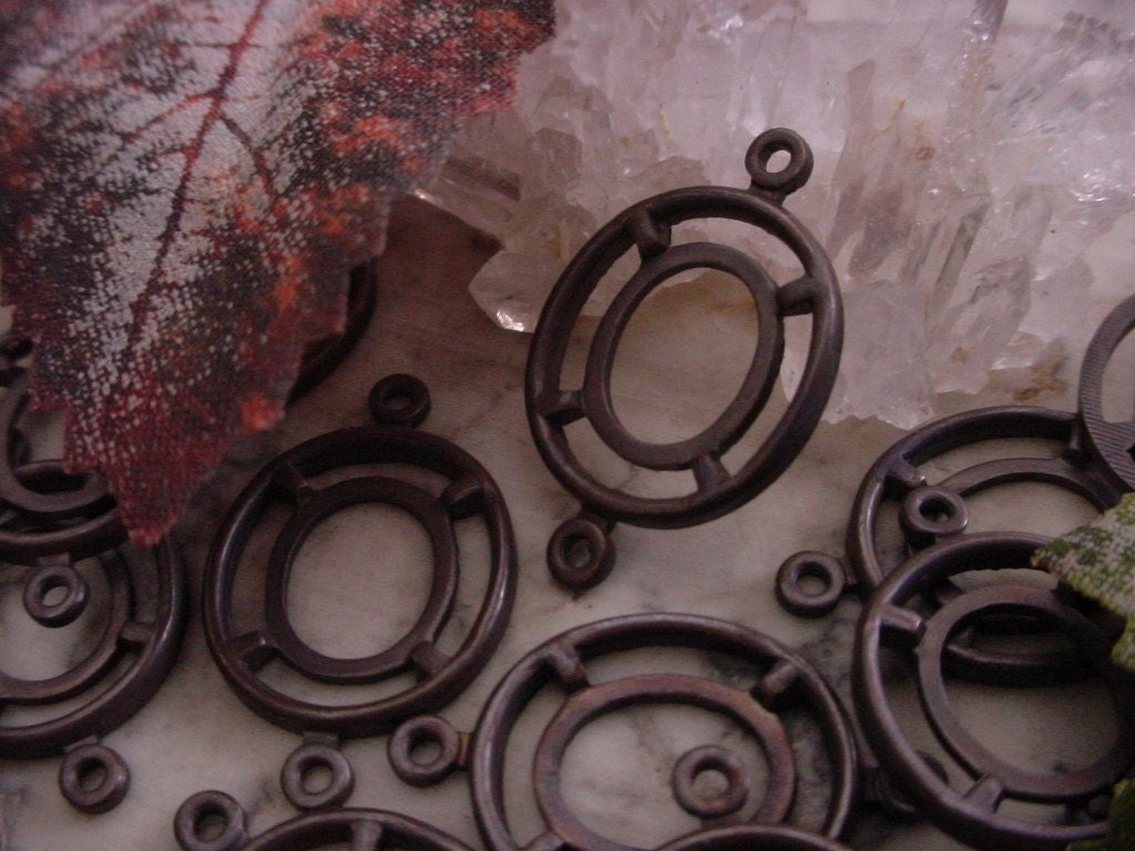 2pc Old Vintage Art Deco 10X8 mm ID Cabochon Setting 10/8 mm Brass Connector Oxidized Dark Bronze Brown Black Natural Patina Lot Sale 2F __etsy:455800971