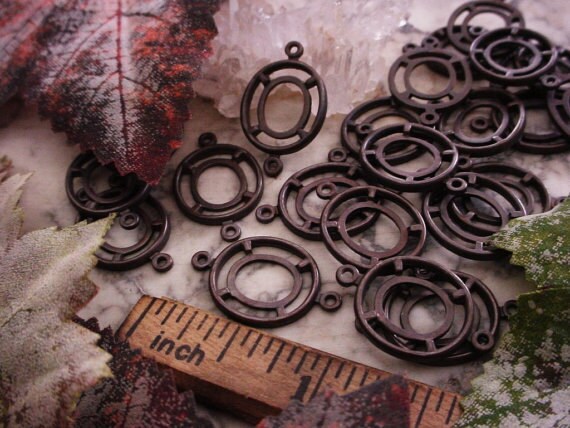 6pc Old Vintage Art Deco 10X8 mm ID Cabochon Setting 10/8 mm Brass Connector Oxidized Dark Bronze Brown Black Natural Patina Lot Sale 2F __etsy:455791026