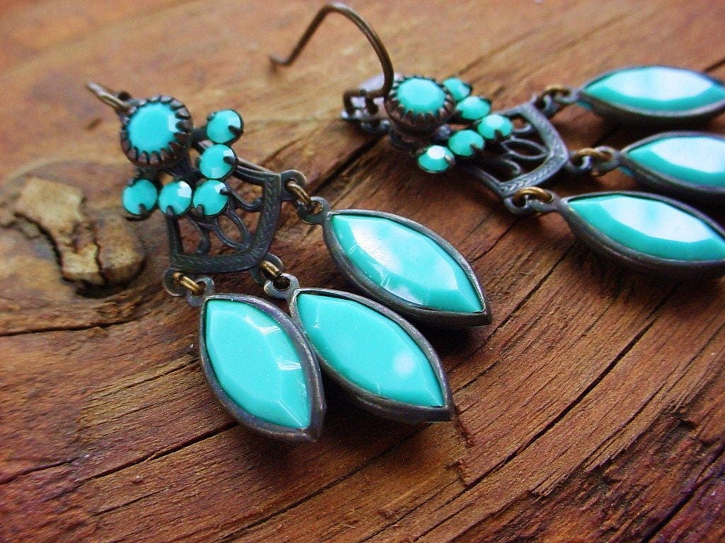 3pc Swarovski Crystal 15/7 Navette Channel Cut Vintage Turquoise Sleeping Beauty Color 7/15 mm Oxidized Dark Patina Brass Setting Drop 4A __etsy:1343033861