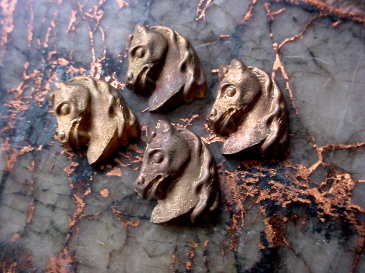 3pc Tiny Old Horse Head Bust Miniature Ornate Carved Cameo Cabochon Stamping Vintage Brass Jewelry Finding Hardware Natural Bronze Patina 1E __etsy:734535552