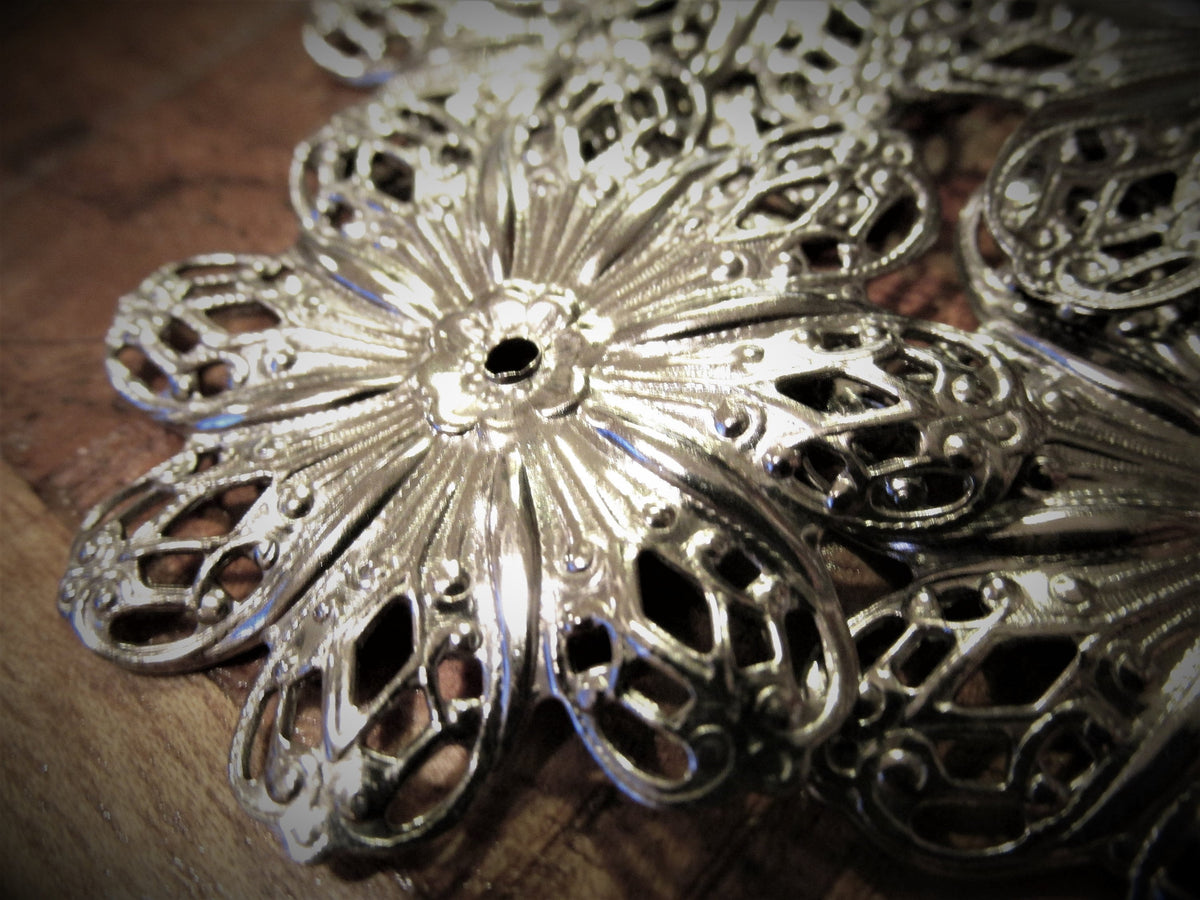 6pc Vintage Filigree Flowers Large 45mm 1 3/4 Inch Open Work Round Steel Sterling? Silver Color Plt Floral Jewelry Art Craft Supplies Lot A4 __etsy:3474362048