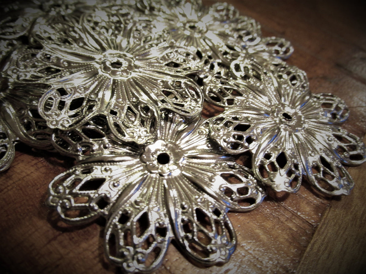 6pc Vintage Filigree Flowers Large 45mm 1 3/4 Inch Open Work Round Steel Sterling? Silver Color Plt Floral Jewelry Art Craft Supplies Lot A4 __etsy:3474364028
