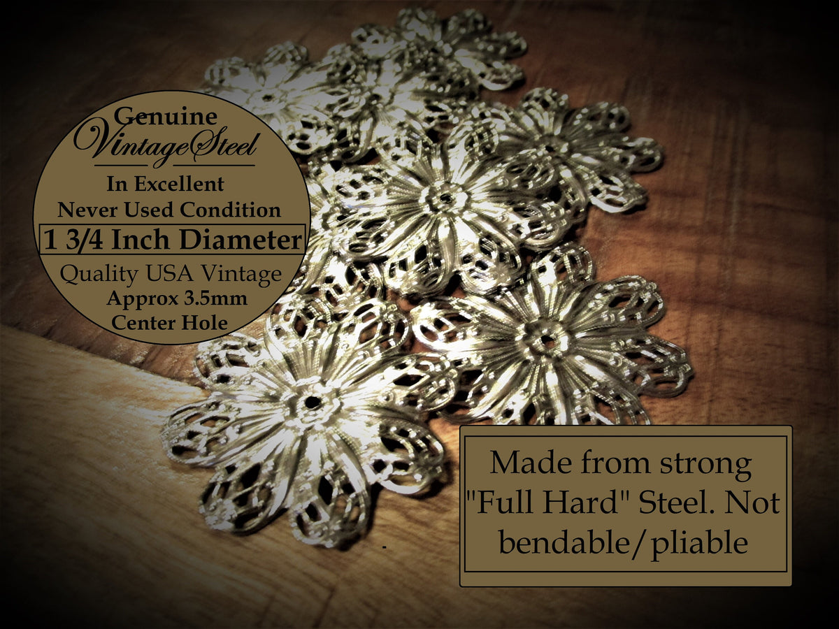 6pc Vintage Filigree Flowers Large 45mm 1 3/4 Inch Open Work Round Steel Sterling? Silver Color Plt Floral Jewelry Art Craft Supplies Lot A4 __etsy:3474362952