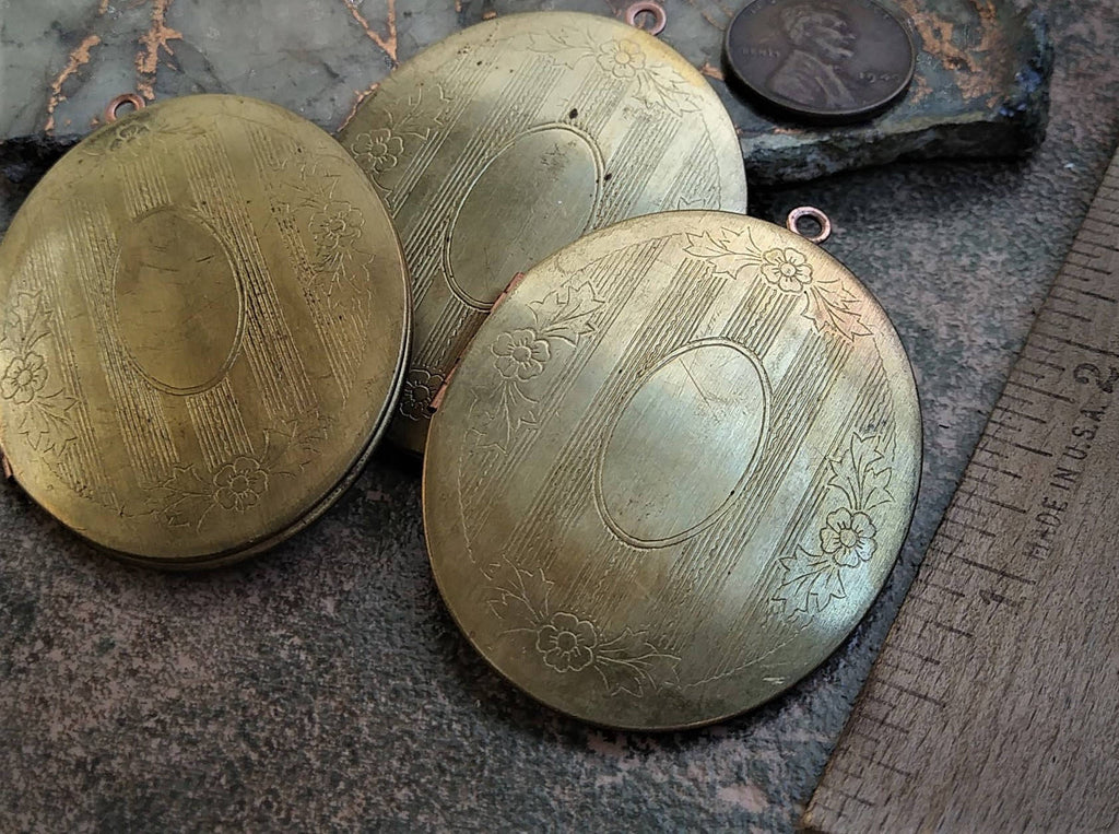 2pc Vintage 50mm Solid Brass Locket Wholesale Copper Steel Frame Large Pendant Engrave Art Deco Design Flower Leaf Blank Oval Disk Bulk W6 __etsy:1379207137