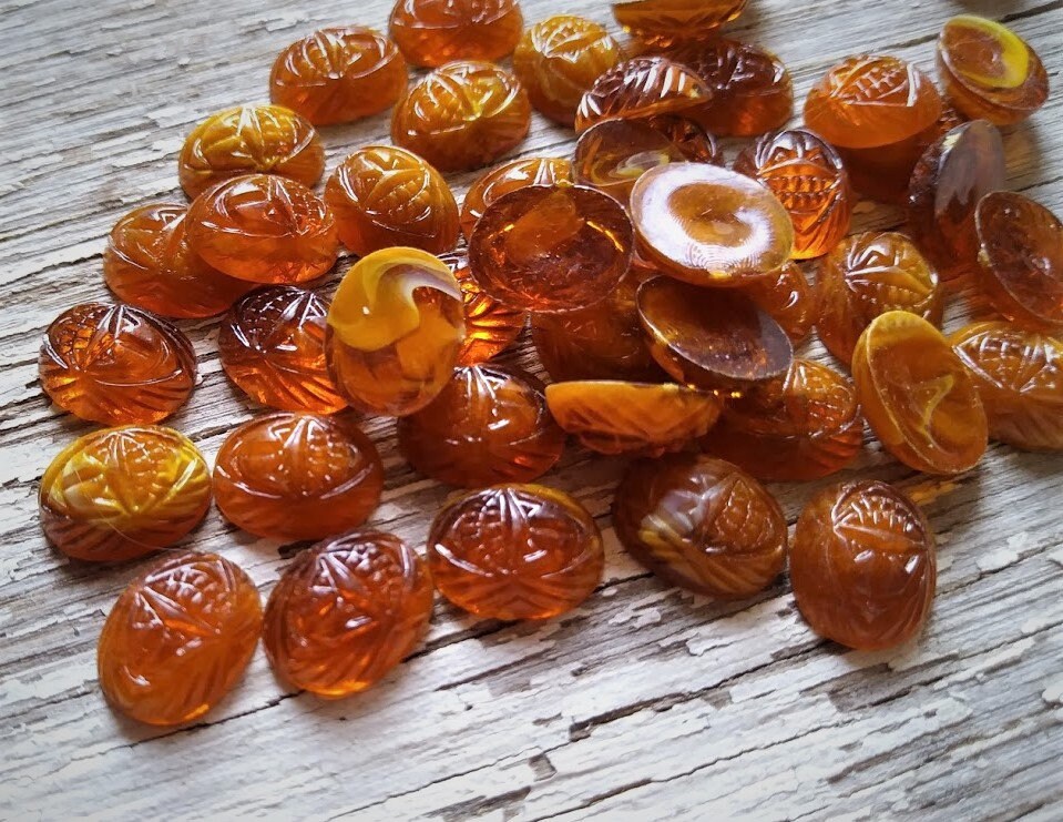 20pc Vintage 10x8 mm Amber Scarabs Plastic Stones Cabochons Oval Egyptian Pharaoh Beetle Opaque Butterscotch Translucent Baltic Mixed Lot W2 __etsy:2519005417