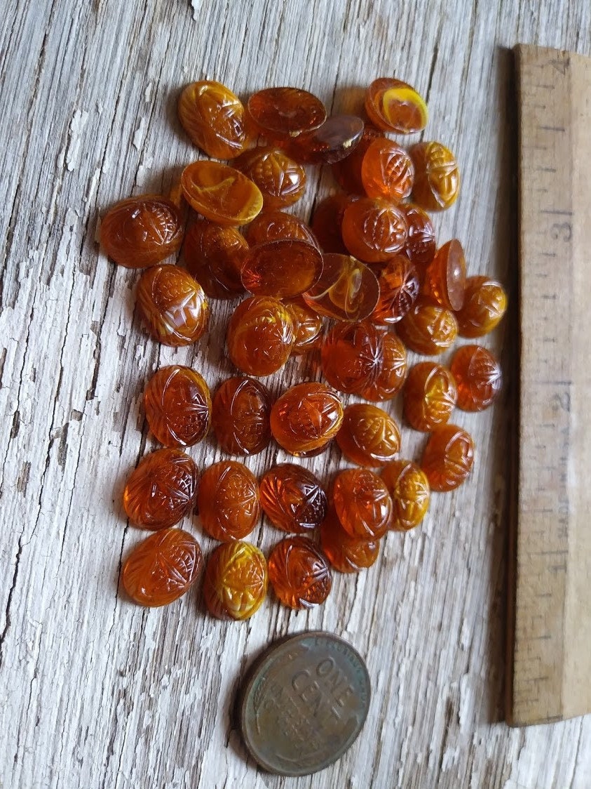 20pc Vintage 10x8 mm Amber Scarabs Plastic Stones Cabochons Oval Egyptian Pharaoh Beetle Opaque Butterscotch Translucent Baltic Mixed Lot W2 __etsy:2471339992