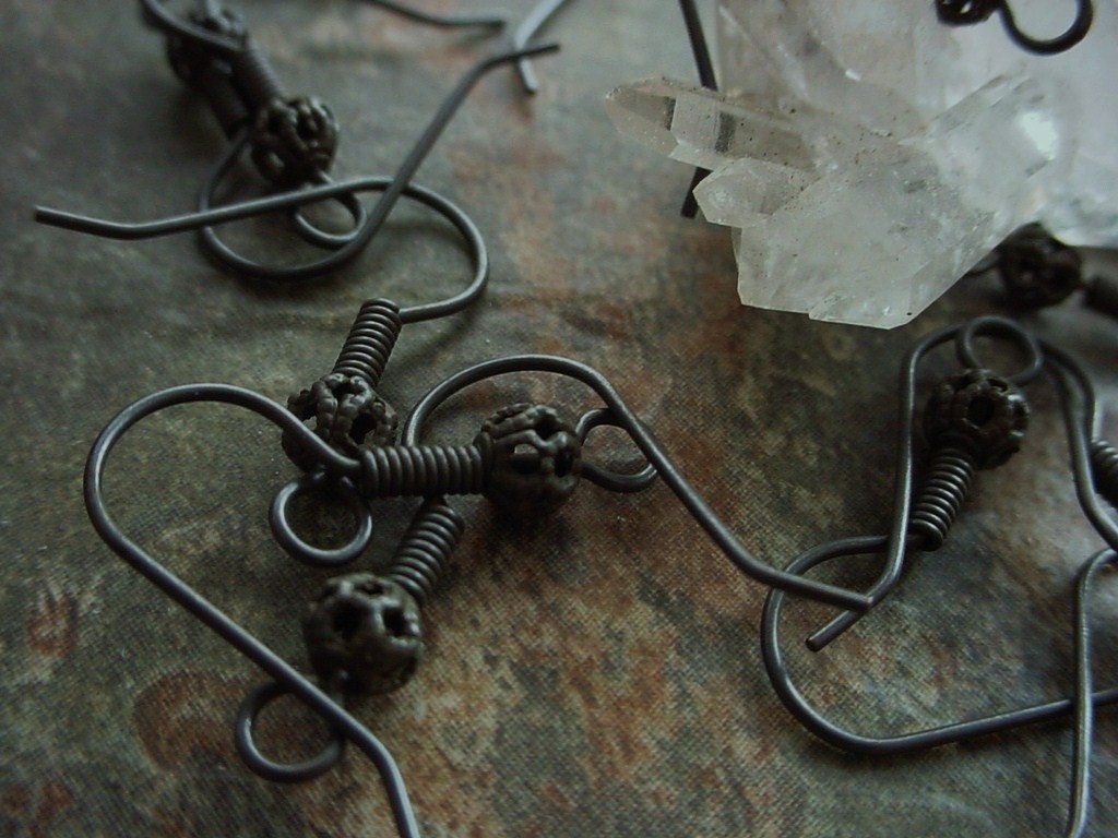 2pc 4mm Filigree Bead French Hook Ear Wire Goth Victorian Dark Brown Black Aged Hand Oxidized Brass Bronze Natural Patina Jewelry Finding 2K __etsy:572466818