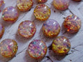 15pc 7mm Fire Opal Cabochons Amber Pink Green Gold Vintage Japan Round Glass Calibrated Loose Flat Back Stones Unfoilded Harlequin Lot 11H __etsy:791247133