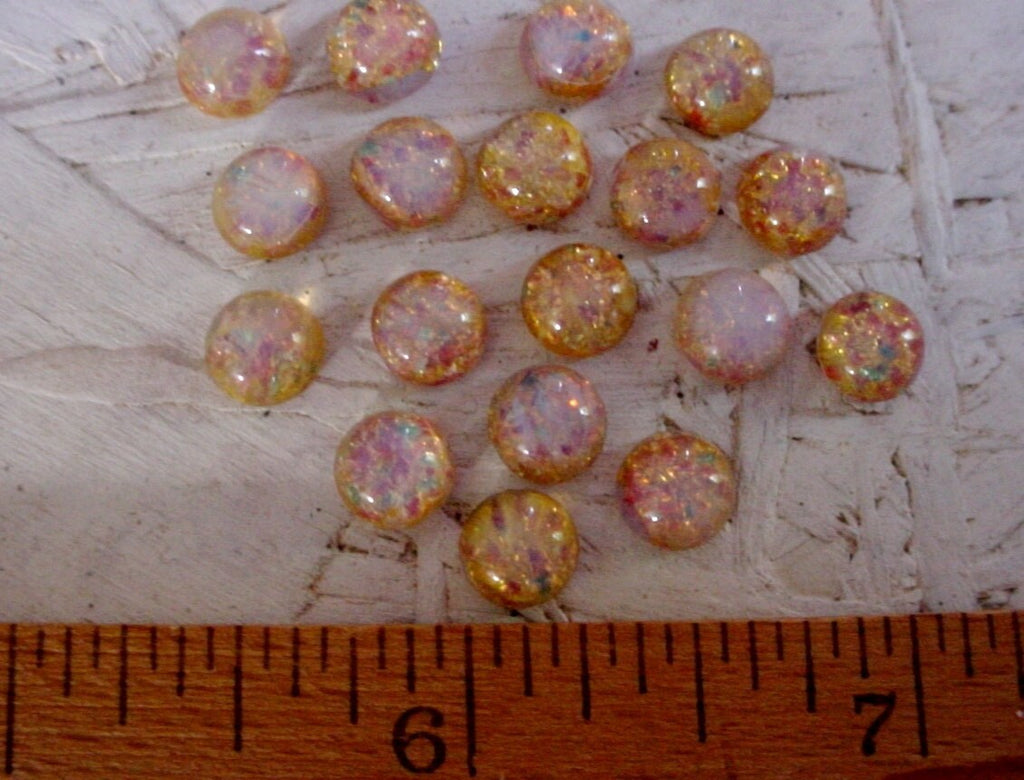 15pc 7mm Fire Opal Cabochons Amber Pink Green Gold Vintage Japan Round Glass Calibrated Loose Flat Back Stones Unfoilded Harlequin Lot 11H __etsy:791230609