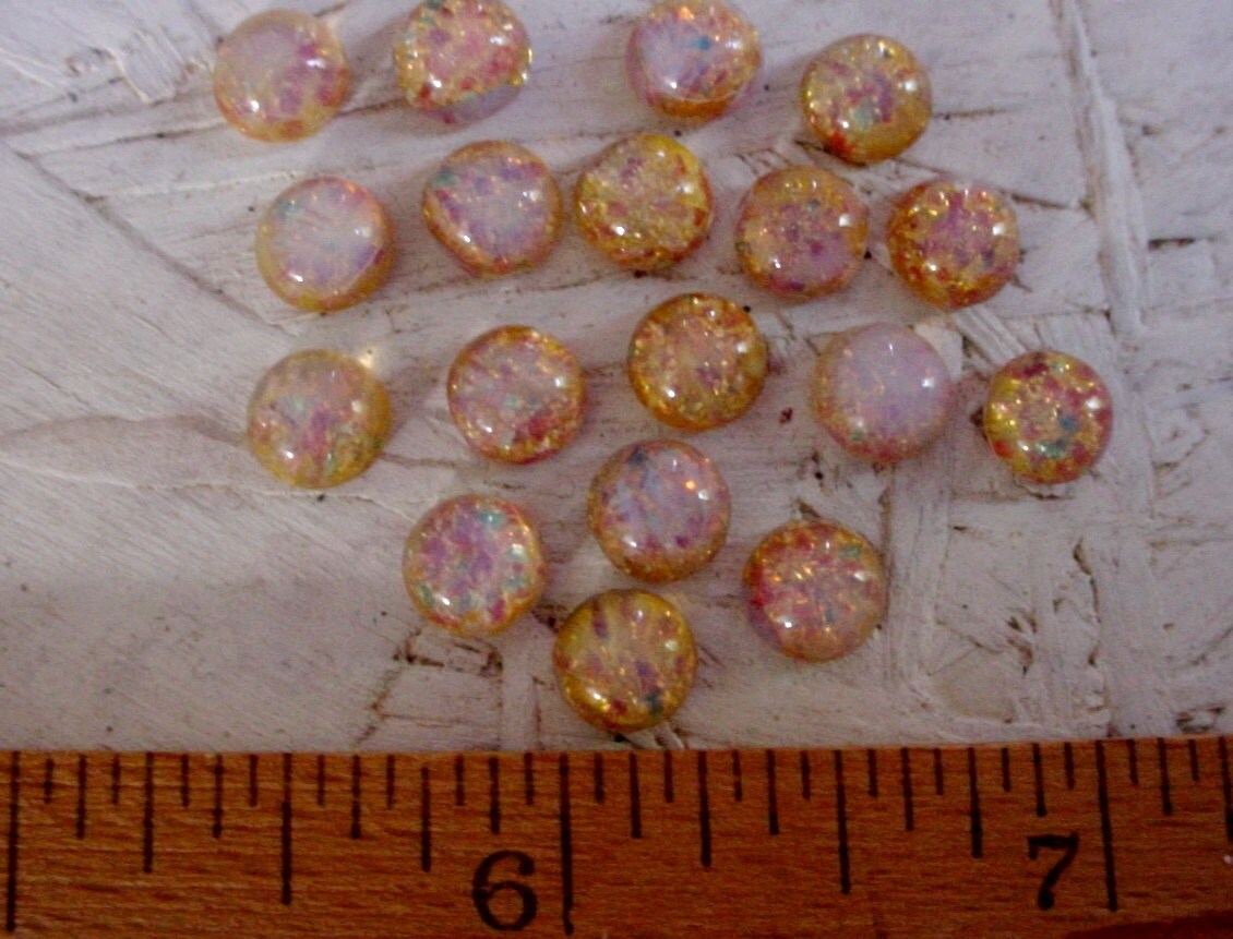 15pc 7mm Fire Opal Cabochons Amber Pink Green Gold Vintage Japan Round Glass Calibrated Loose Flat Back Stones Unfoilded Harlequin Lot 11H __etsy:791230609