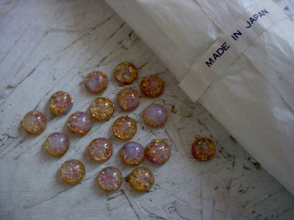 15pc 7mm Fire Opal Cabochons Amber Pink Green Gold Vintage Japan Round Glass Calibrated Loose Flat Back Stones Unfoilded Harlequin Lot 11H __etsy:791470810