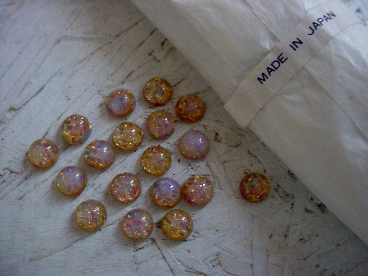 15pc 7mm Fire Opal Cabochons Amber Pink Green Gold Vintage Japan Round Glass Calibrated Loose Flat Back Stones Unfoilded Harlequin Lot 11H __etsy:791470810