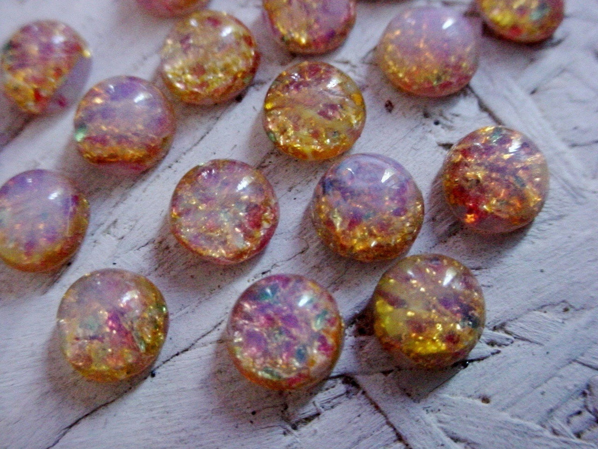 15pc 7mm Fire Opal Cabochons Amber Pink Green Gold Vintage Japan Round Glass Calibrated Loose Flat Back Stones Unfoilded Harlequin Lot 11H __etsy:791230735