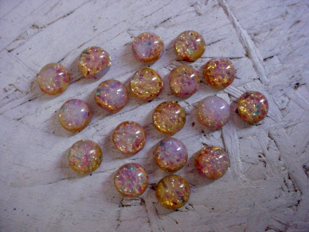 15pc 7mm Fire Opal Cabochons Amber Pink Green Gold Vintage Japan Round Glass Calibrated Loose Flat Back Stones Unfoilded Harlequin Lot 11H __etsy:791470956